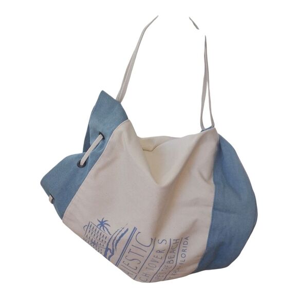 Drawstring Backpack NWOT Canvas Beach Bag Blue Cream GREAT BUNDLE ITEM Travel - Picture 3 of 13